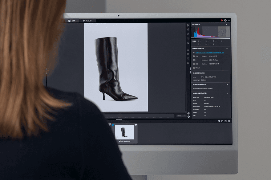 Orbitvu Station Edit view - product photography editing software with histogram, metadata, and session information